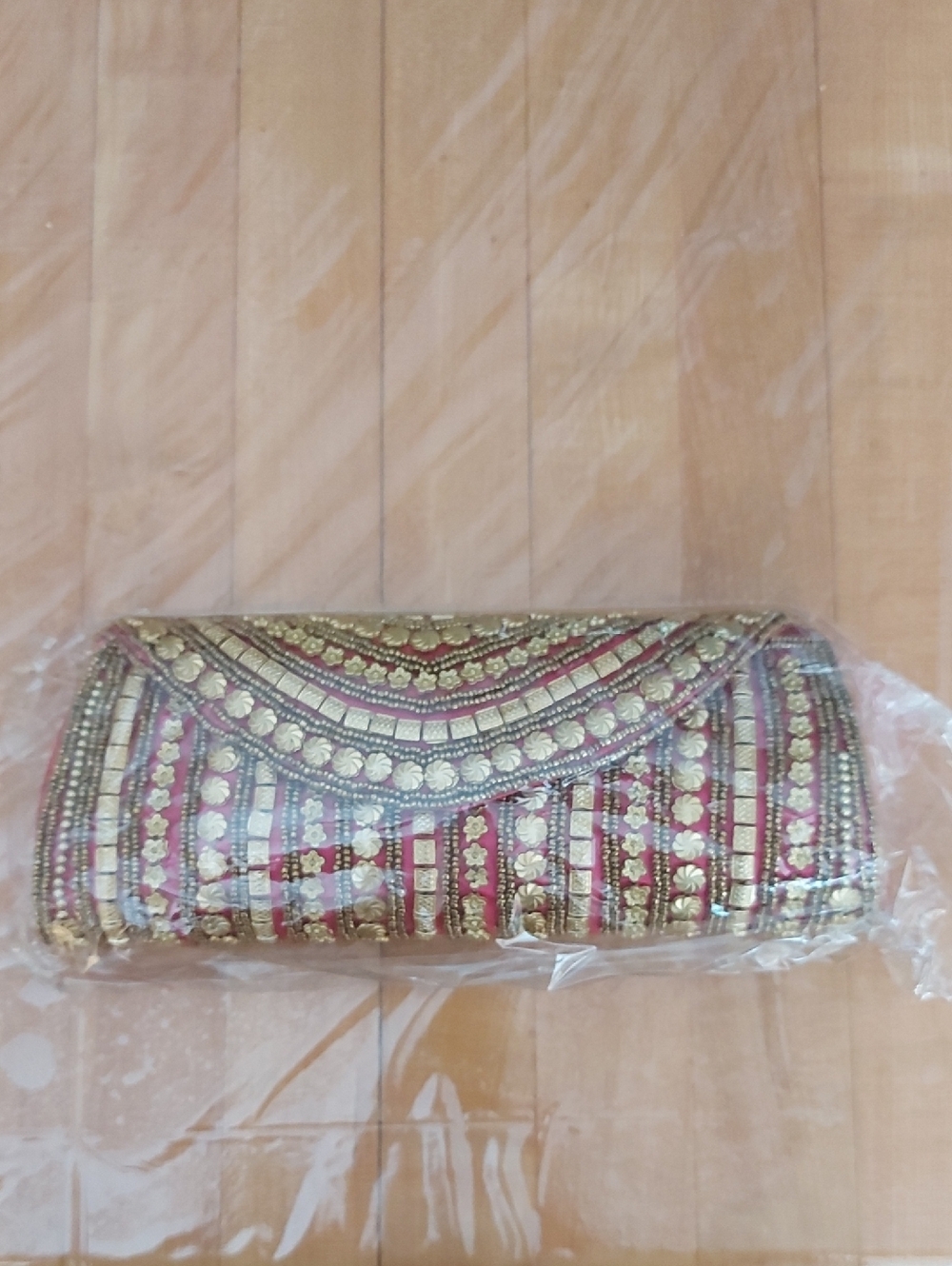 Embroidered Pink Evening Clutch with Gold Accents